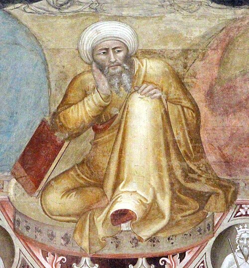 Later depiction: a detail of Andrea di Bonaiuto's fourteenth-century fresco in Florence. Portrait of Ibn Rushd (Averroes)