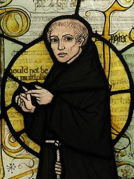 Later depiction: stained glass in a church in Surrey. Portrait of William of Ockham
