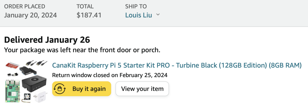 My January 2024 order for a Raspberry Pi 5 starter kit