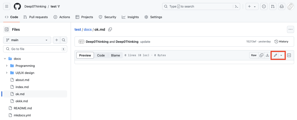 GitHub's file editor with the edit control highlighted
